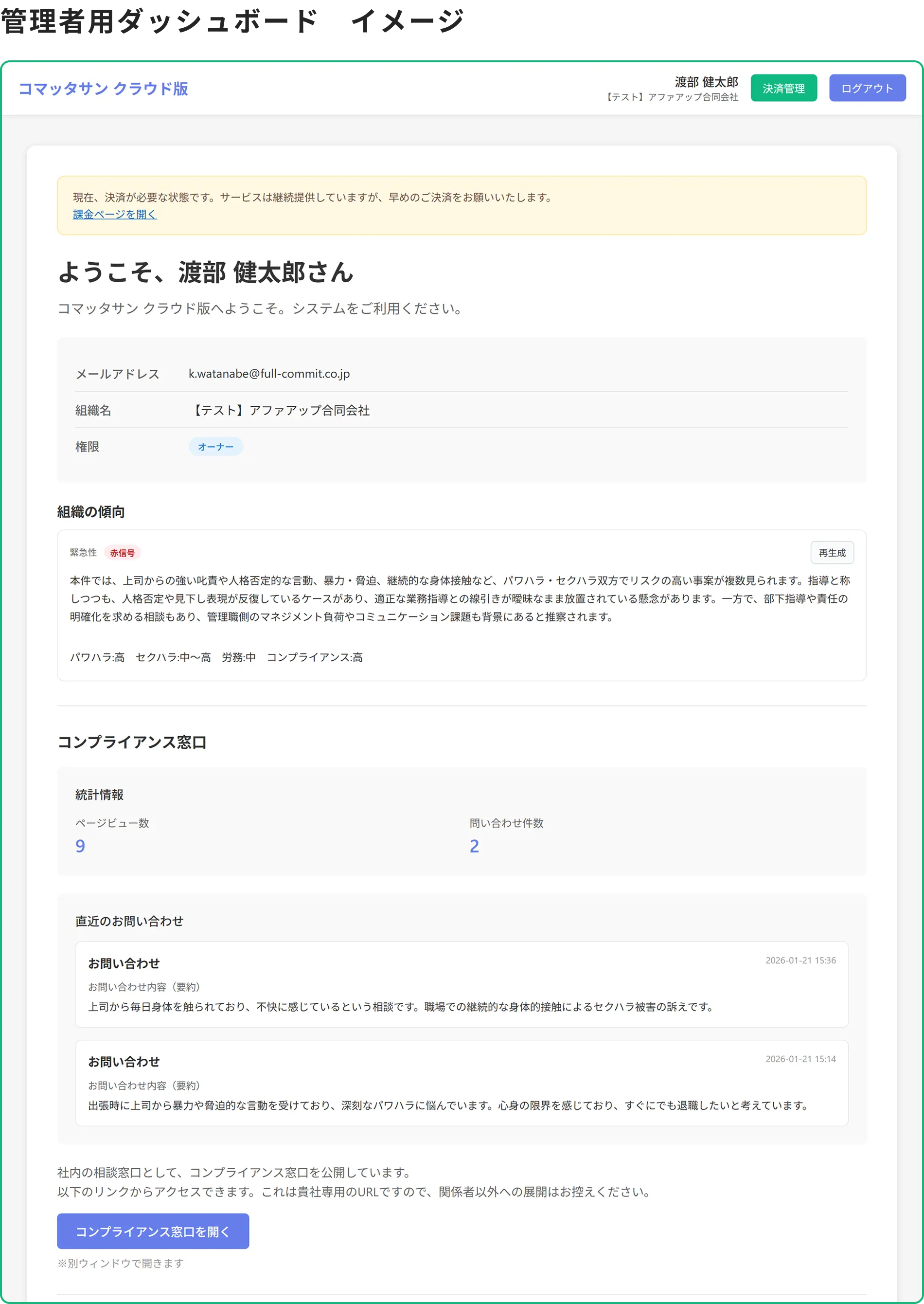 管理画面：ダッシュボード